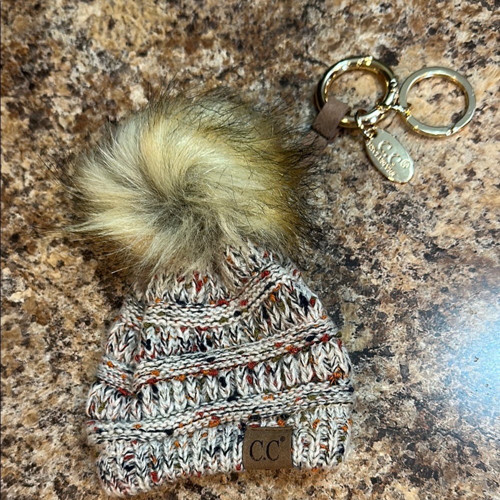 CC Knit Oatmeal Beanie with Pom Pom keychain or doll beanie